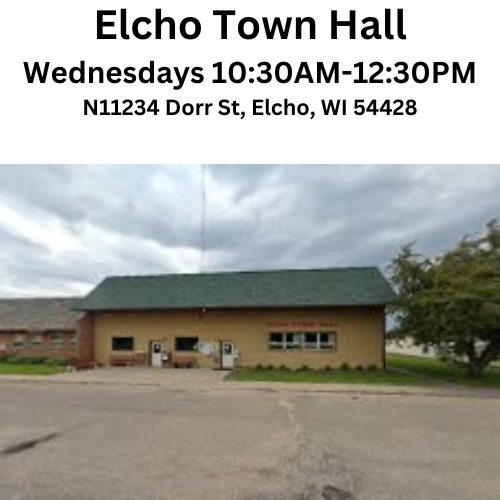 Elcho Town Hall<br />
Wednesdays 10:30AM-12:30PM<br />
N11234 Dorr St, Elcho, WI 54428